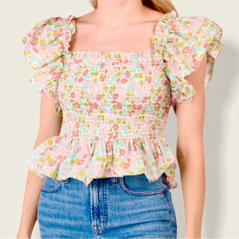 Anthropologie/Love the label Pink and Green Puff Sleeve Smocked Blouse large